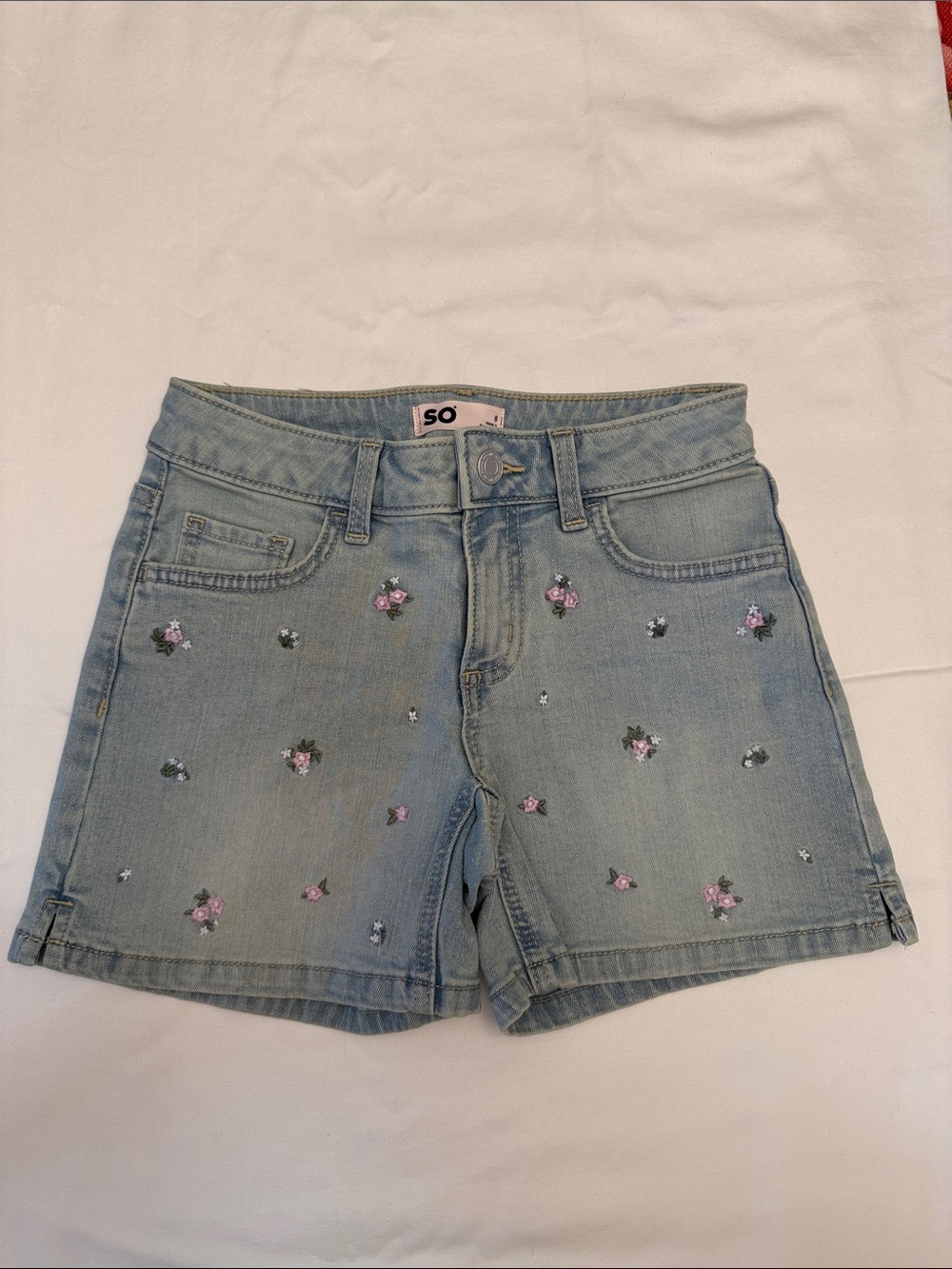 Girls SO Light Blue Denim Shorts with lilac color Floral Embroidery